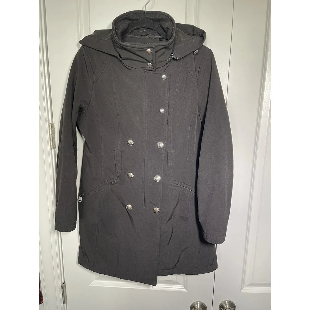 Calvin Klein Hooded Winter Coat Women's Size PM Black Mid-length Heavy Trench